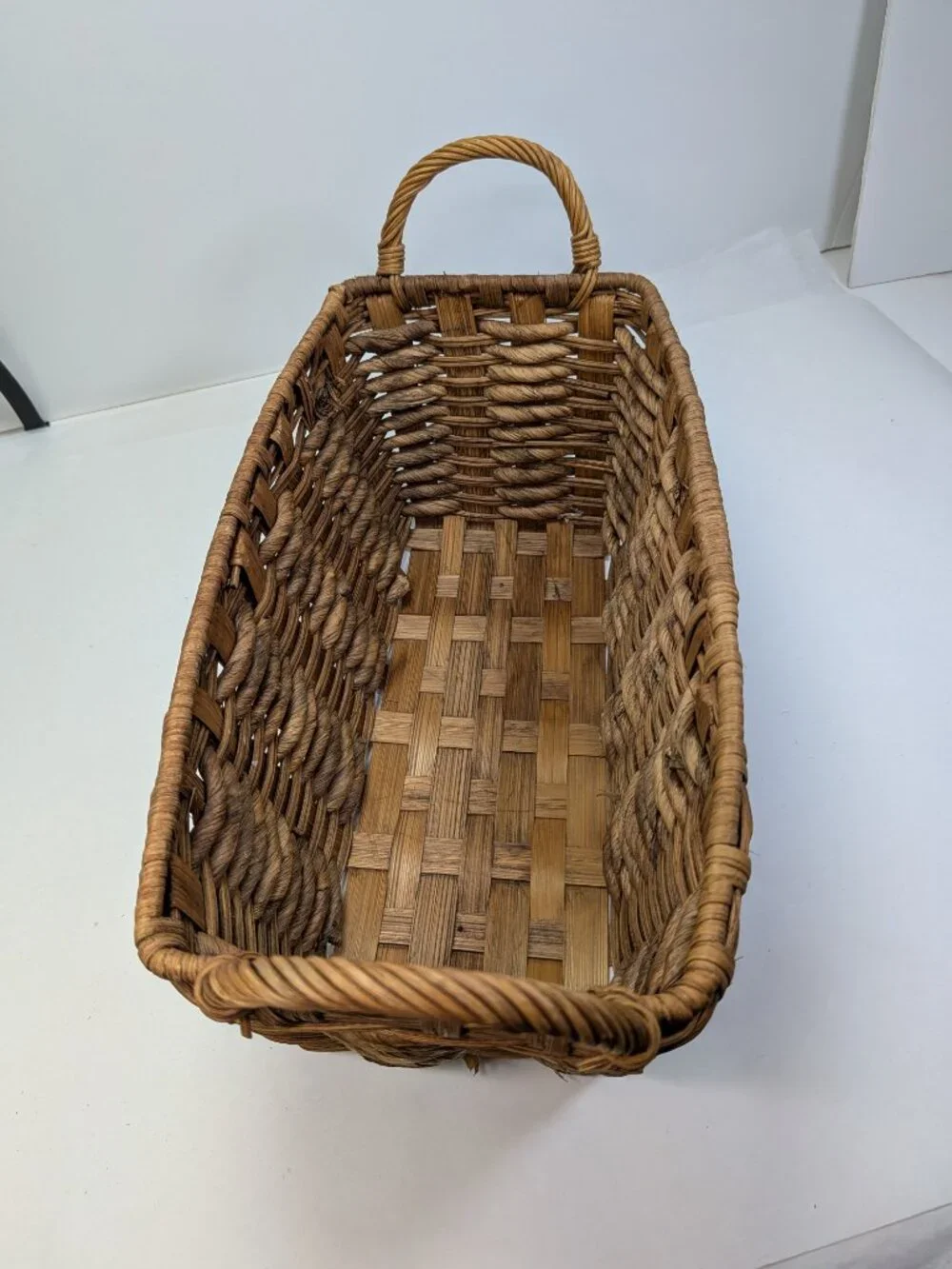 Vintage Natural Wicker Baskets Set of 2 Braided Rim & Chunky Rope Weave Baskets